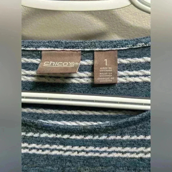 Chico’s 3/4 Sleeve Lightweight Blue Striped Sweater Waist Tie | Women’s 1/M/8 - Picture 5 of 8